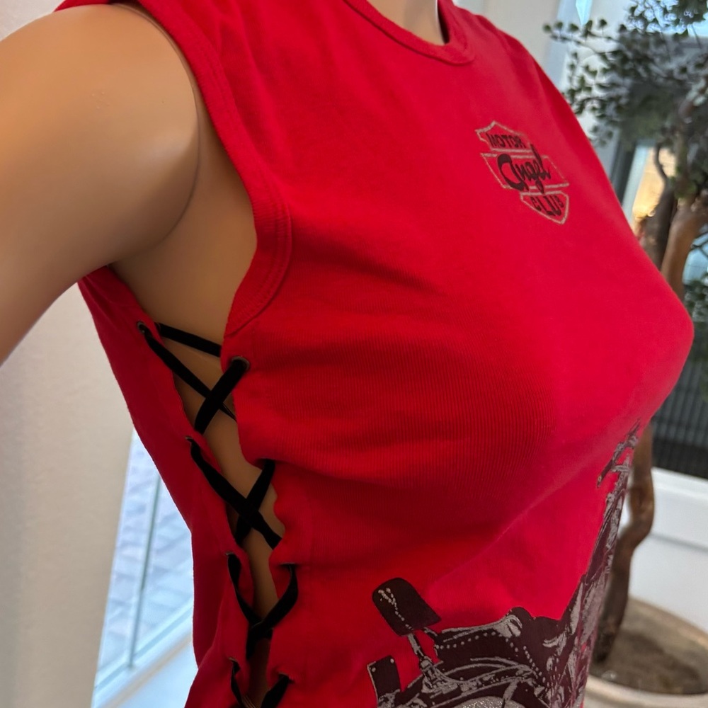 Small Red Sleeveless Super Cute glitter Motorcycle side velvet black ties top.